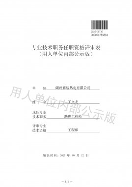 专业技术职务任职资格评审表 （用人单位内部公示版）