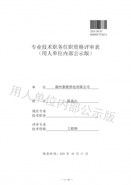 专业技术职务任职资格评审表 （用人单位内部公示版）